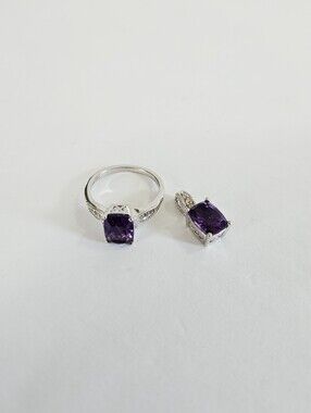 Vintage D'Joy Sterling Silver African Amethyst White Zircon 5ct Ring Pendant Set